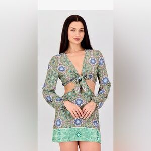 Boho Tie-Front Cutout Midi Dress Green and Gray print Size 8